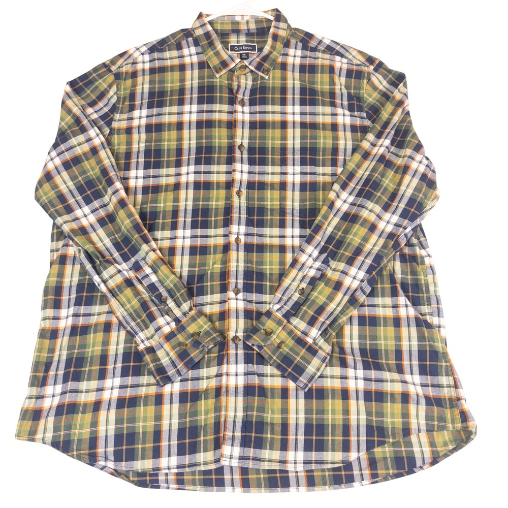 Club Room Mens XXL Green Navy Blue Orange Plaid Button Down Shirt Long Sleeve